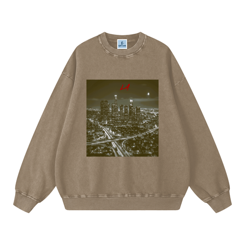 Beige sweatshirt with a cityscape print on a white background