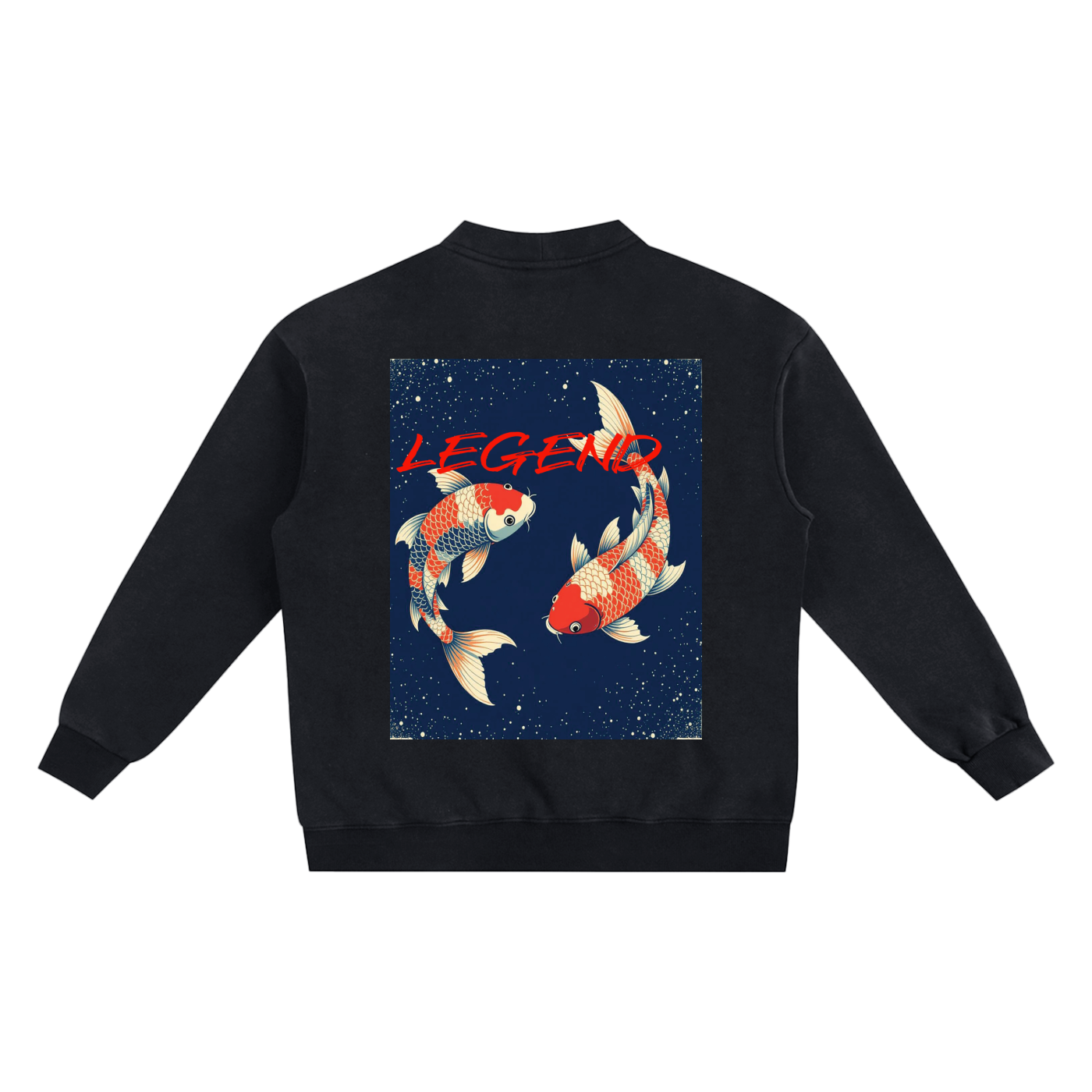 Unisex black snow washed cardigan with koi fish graphic and button front relaxed streetwear design