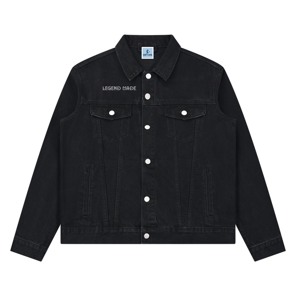 Black denim jacket with 'Legend Made' branding on a white background
