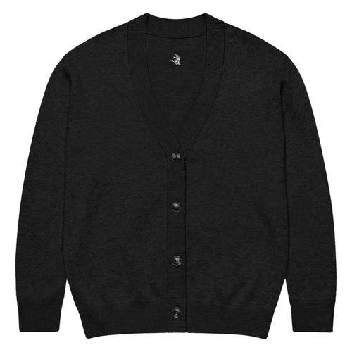 black knitted cardigan with button front, ribbed trim, and soft jacquard texture for minimalist streetwear styling