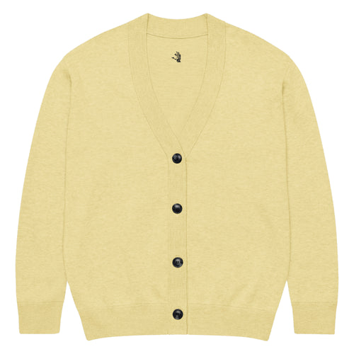Yellow cardigan with black buttons on a white background