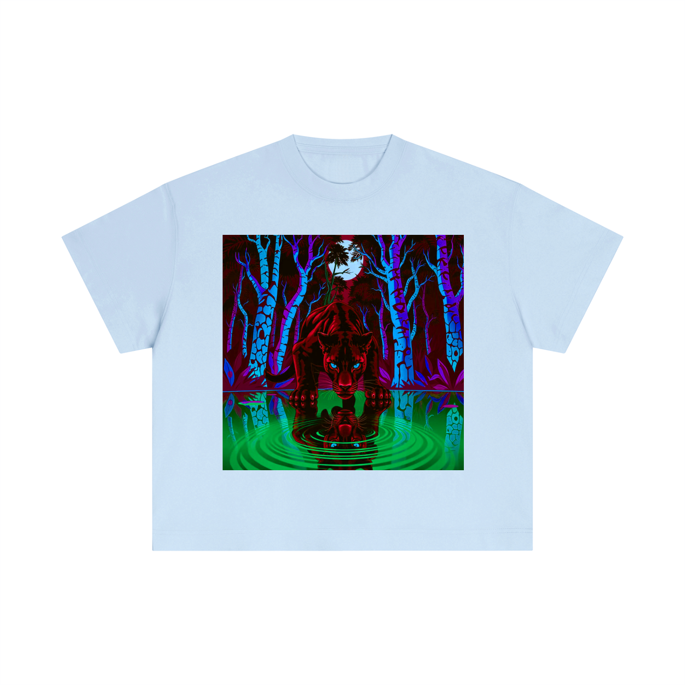 Unisex blue boxy cotton t-shirt with red panther reflection graphic under moonlight forest scene
