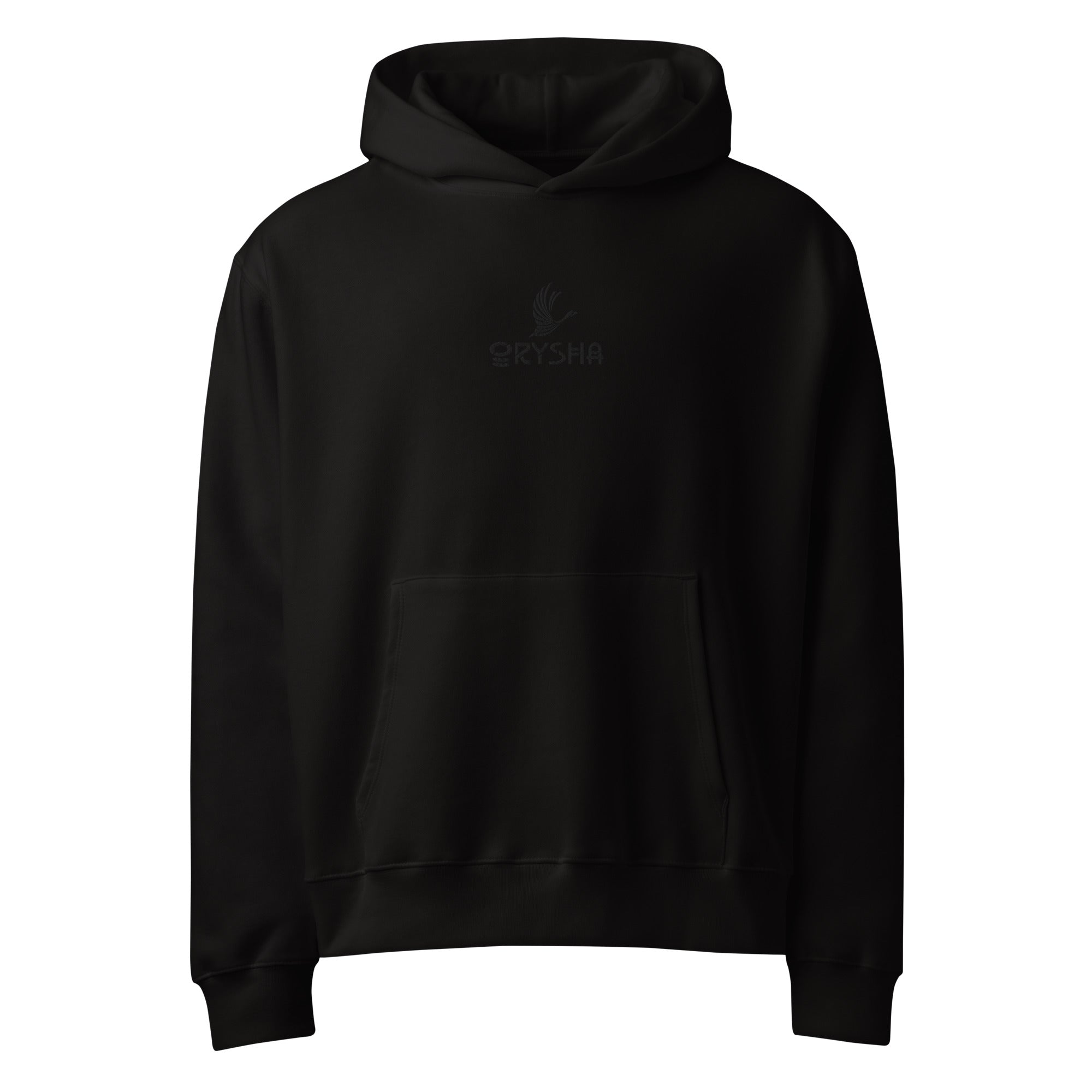 Orysha oversized hoodie with black embroidered logo and brushed fleece interior.