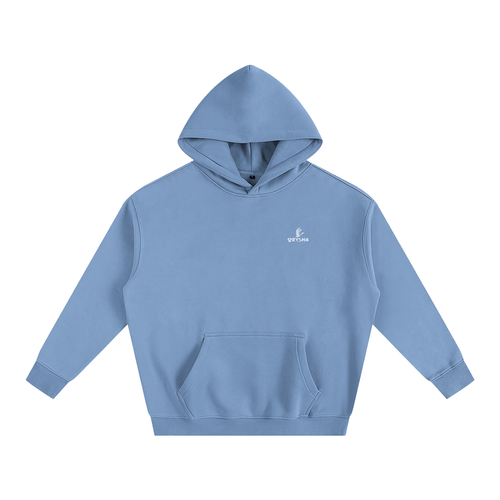 Light blue hoodie with a small logo on a white background