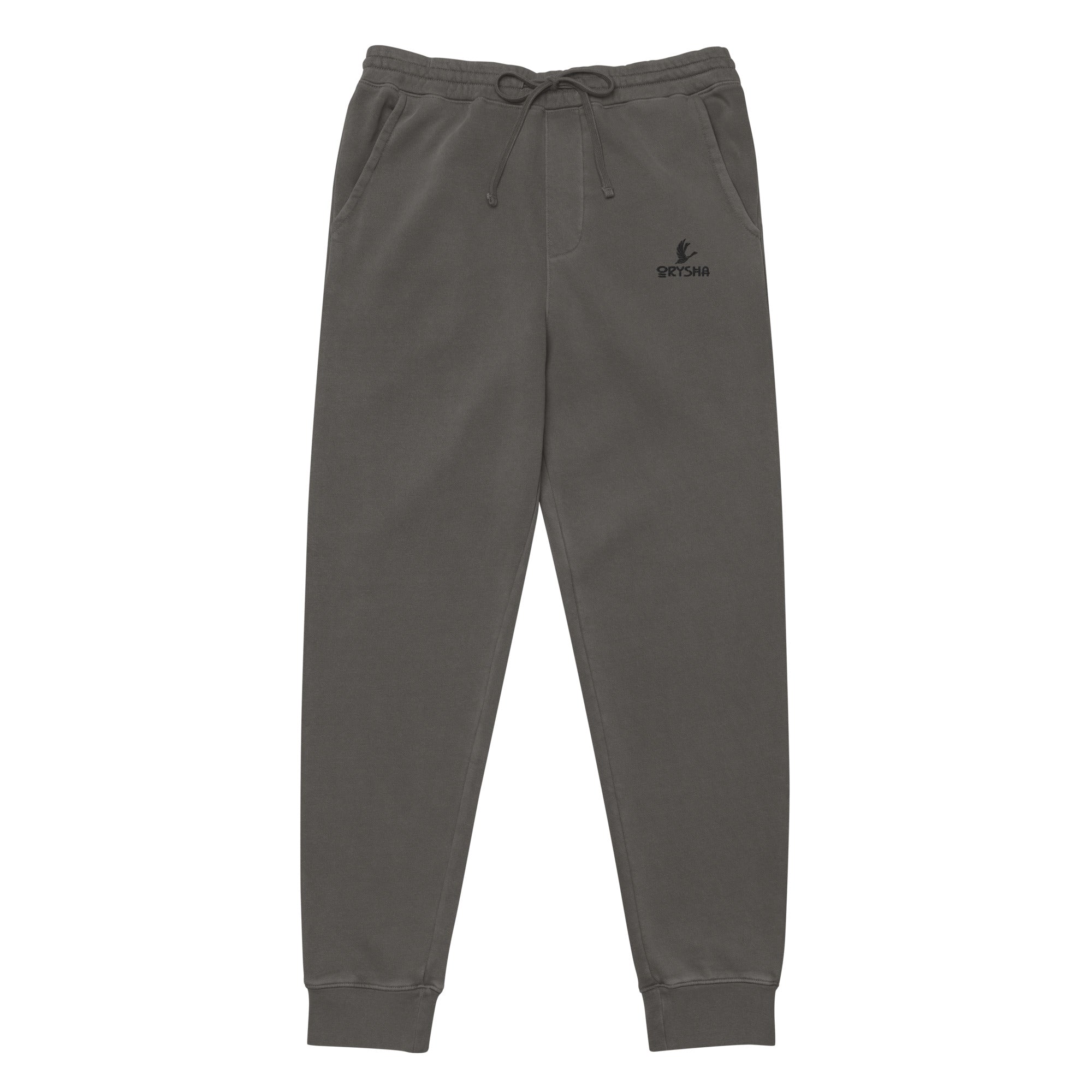 Orysha unisex pigment-dyed sweatpants in washed black, relaxed fit with drawstring waist and ribbed cuffs — vintage-style streetwear joggers.