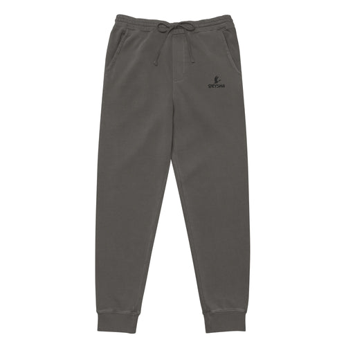 Orysha unisex pigment-dyed sweatpants in washed black, relaxed fit with drawstring waist and ribbed cuffs — vintage-style streetwear joggers.