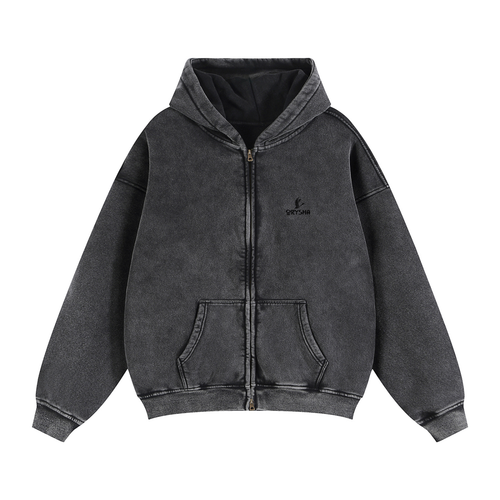 Unisex Snow Washed Zip-Through Boxy Fleece Hoodie