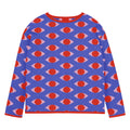 Orysha Vision Loop women’s knitted sweater – blue and red patterned cotton blend with repeating eye motif and straight-bottom fit.