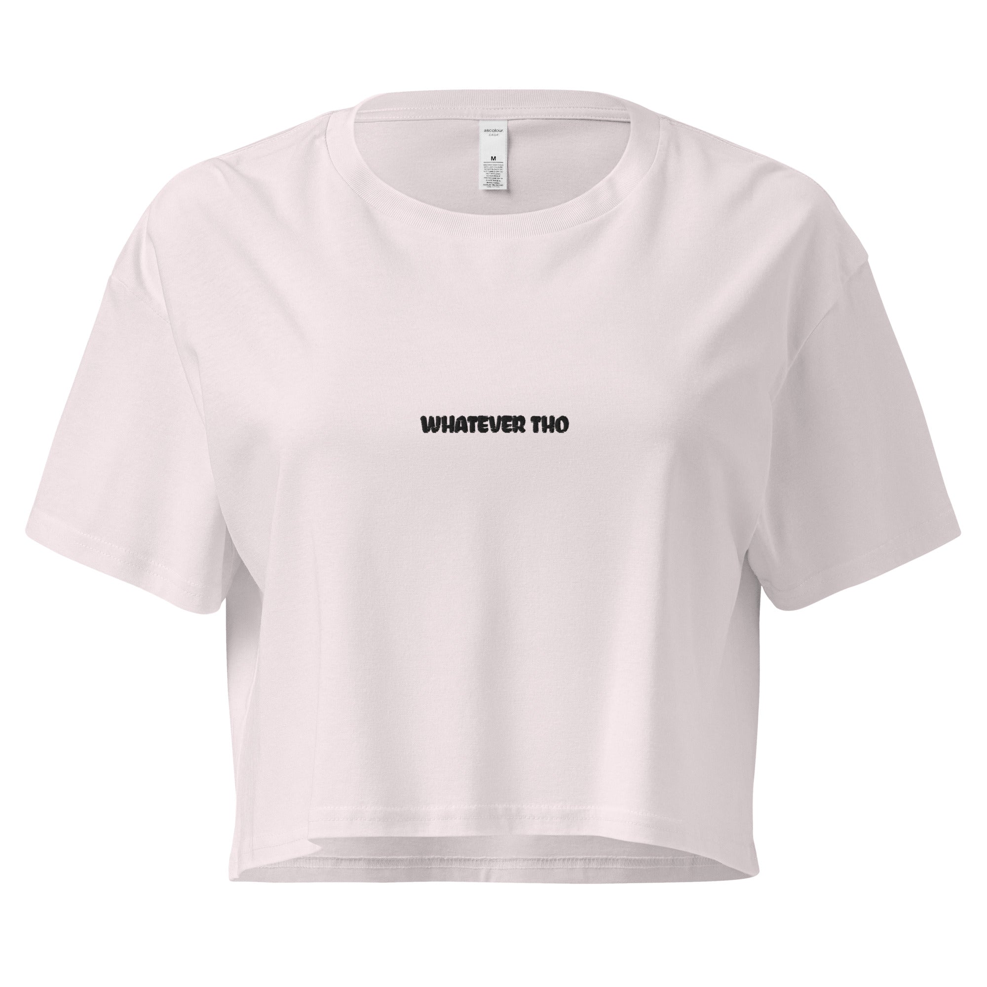 Orysha Whatever Tho women’s crop top – white cotton cropped tee with minimalist black “Whatever Tho” text design on chest.