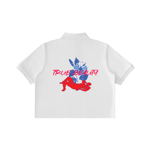 Women’s cropped polo shirt with “True Beauty” graphic and floral design on back, fitted streetwear style