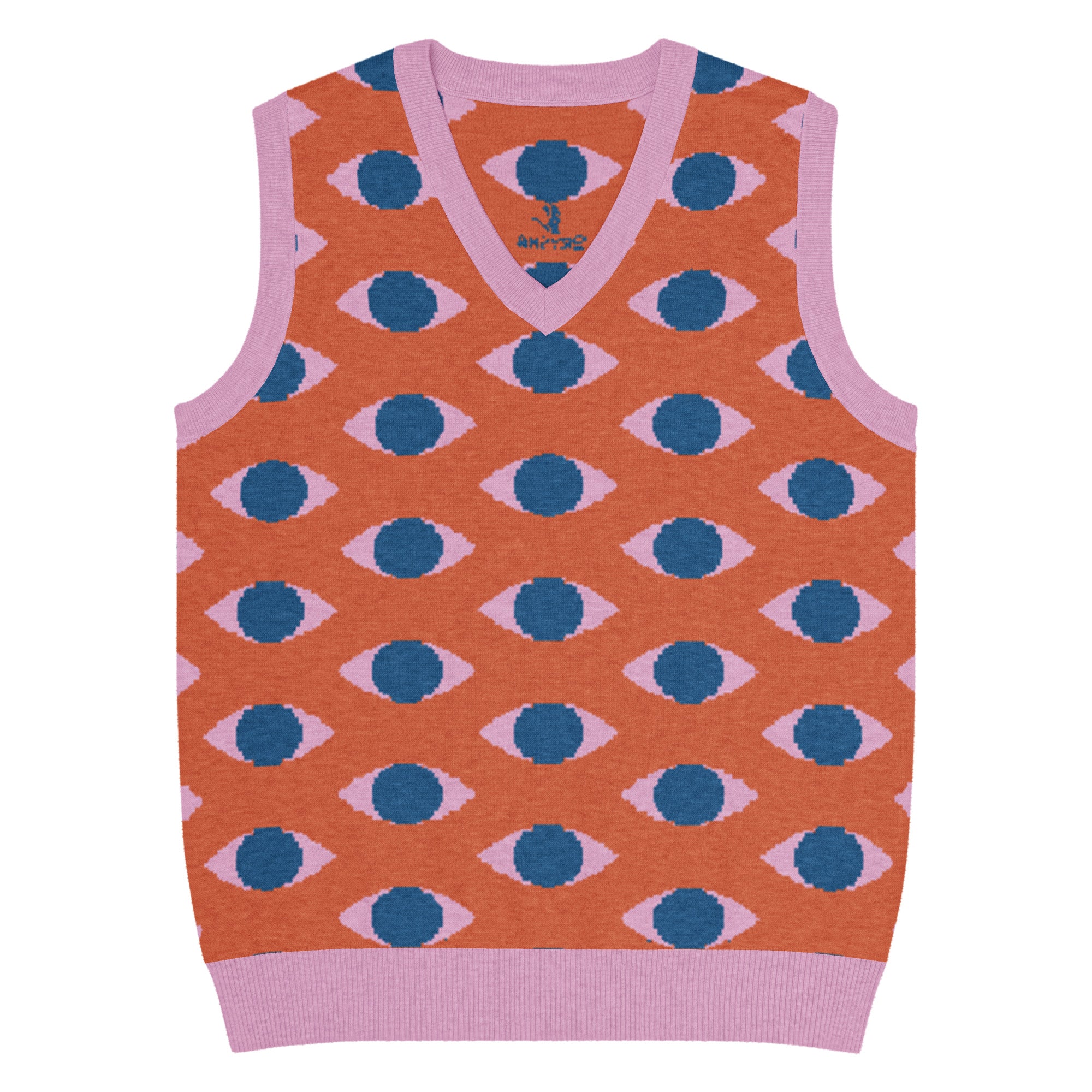 Orange knit V-neck vest with repeating eye pattern and pink trim