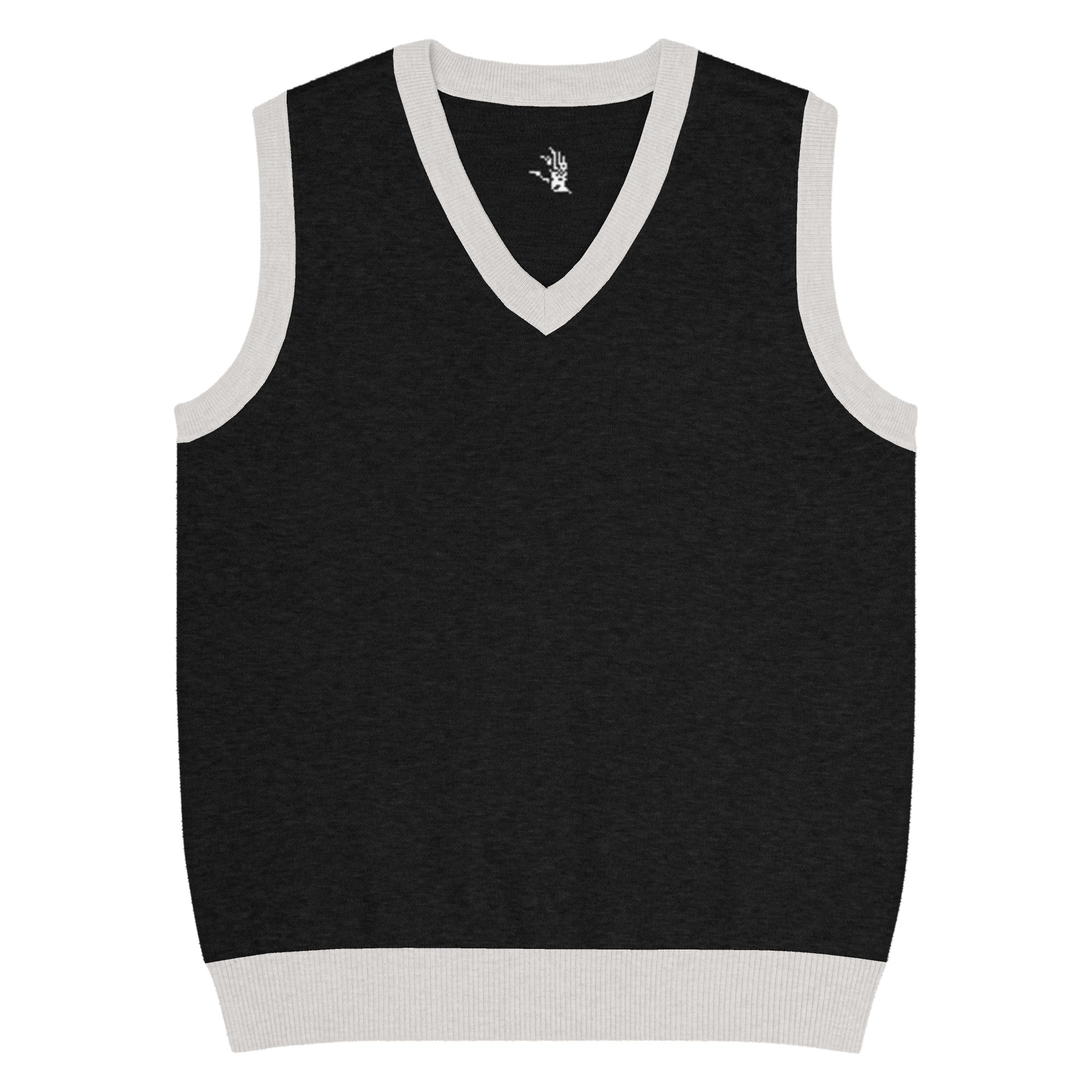 Black sleeveless sweater vest with white trim on a white background