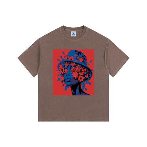 Brown t-shirt with a graphic of a woman with flowers in her hair on a red background