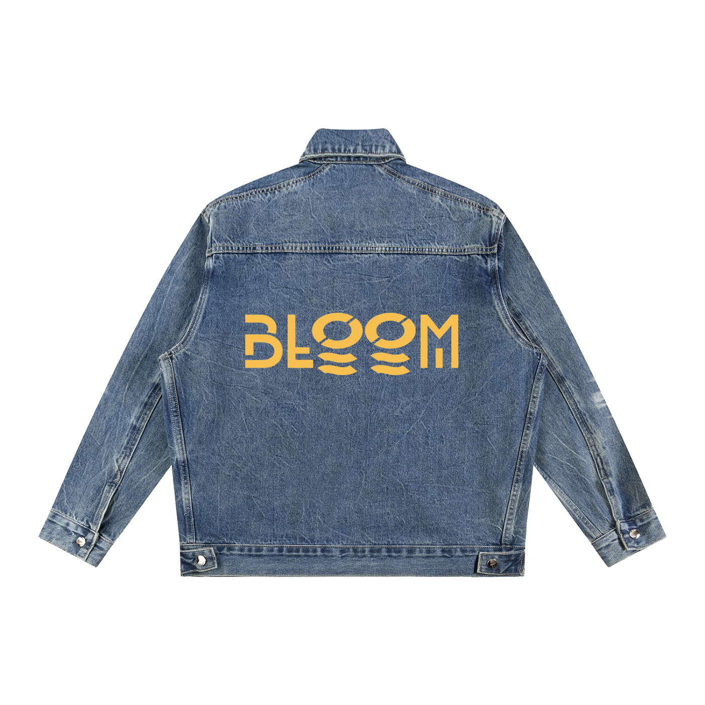 Blue denim jacket with 'BLOOM' text on the back against a white background