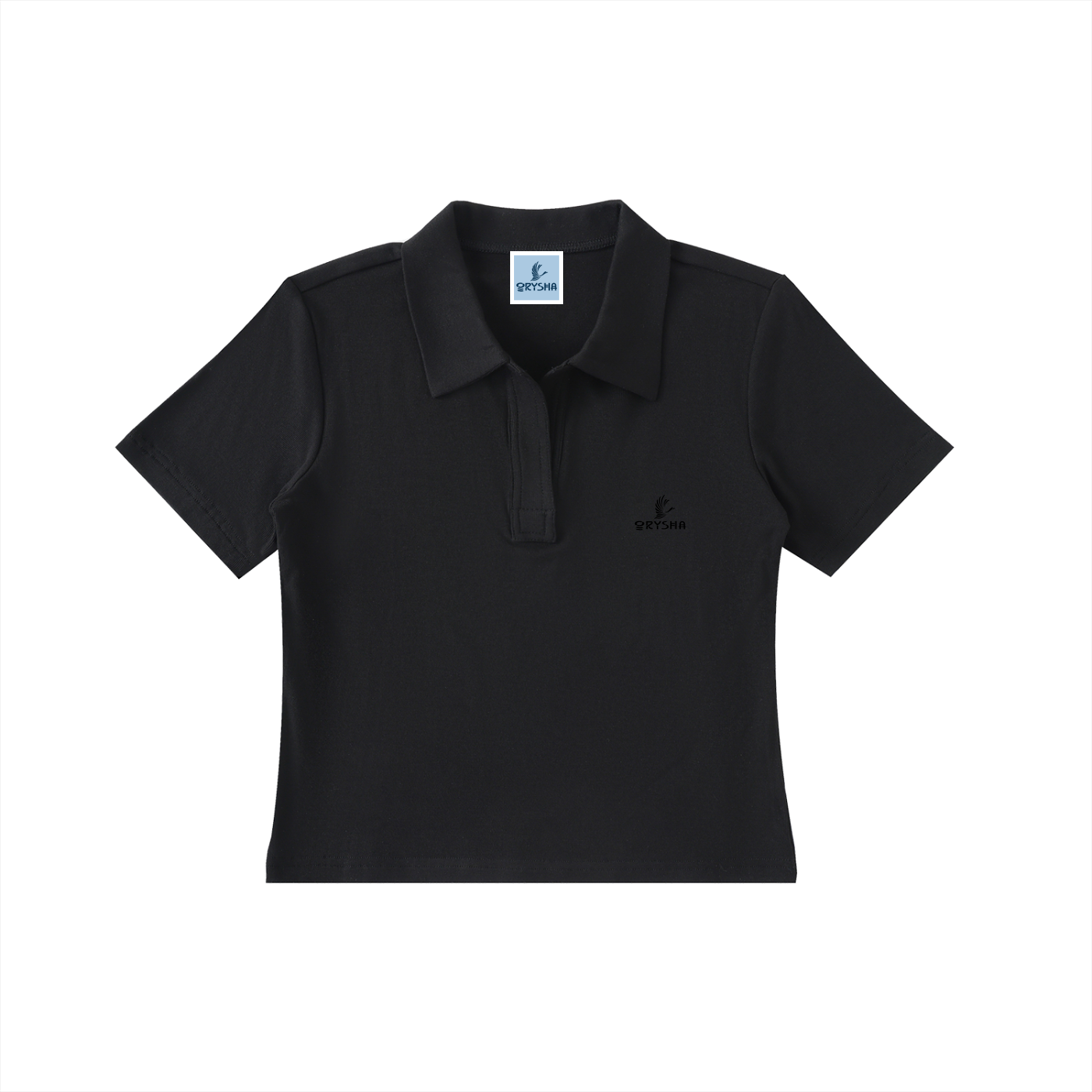 Black polo shirt with a logo on a white background