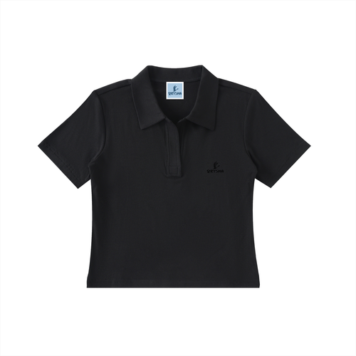 Black polo shirt with a logo on a white background