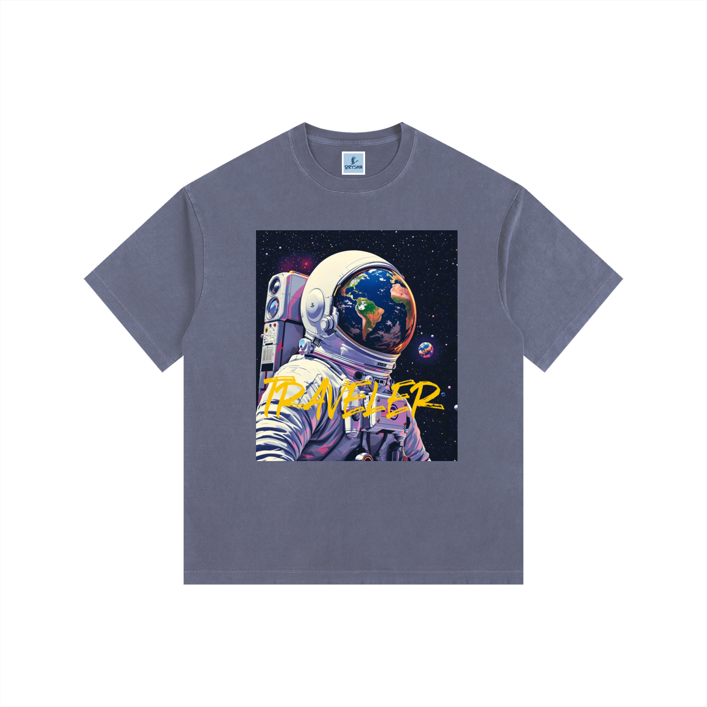 Gray t-shirt with an astronaut graphic and 'TRAVELER' text on a white background