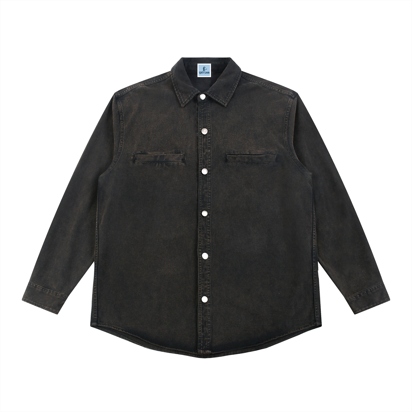 Black denim shirt with white buttons on a white background