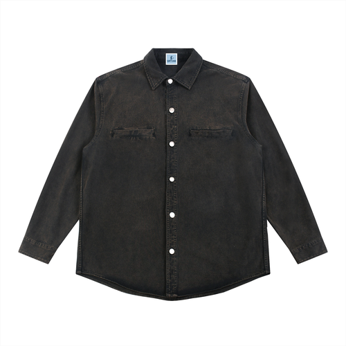 Black denim shirt with white buttons on a white background