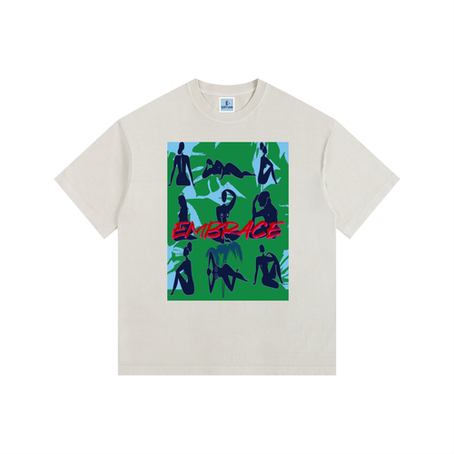 Women’s oversized vintage wash cotton t-shirt with abstract female figures and “Embrace” graphic streetwear design