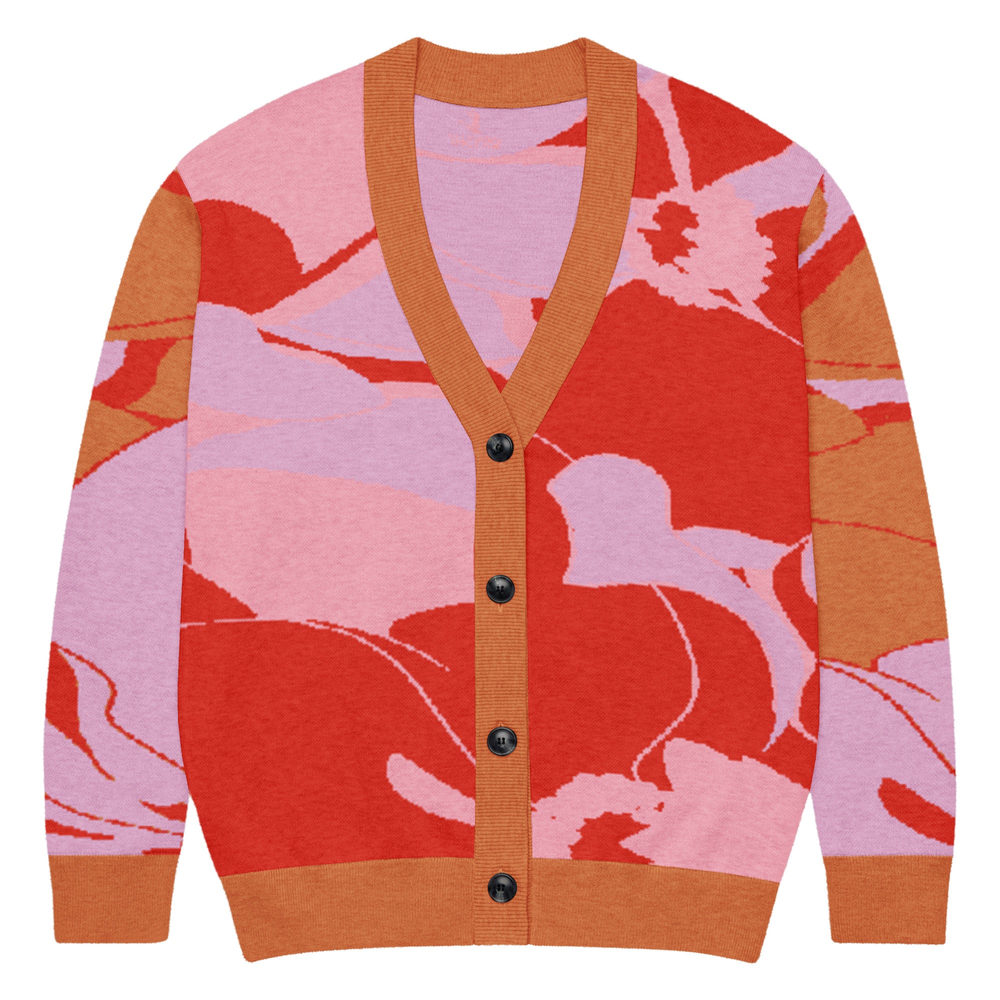 Women’s abstract red and pink jacquard knitted cardigan with button front and ribbed trim in a bold statement streetwear design