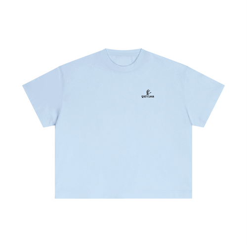 Women’s blue boxy cotton t-shirt with minimalist Orysha logo relaxed streetwear style