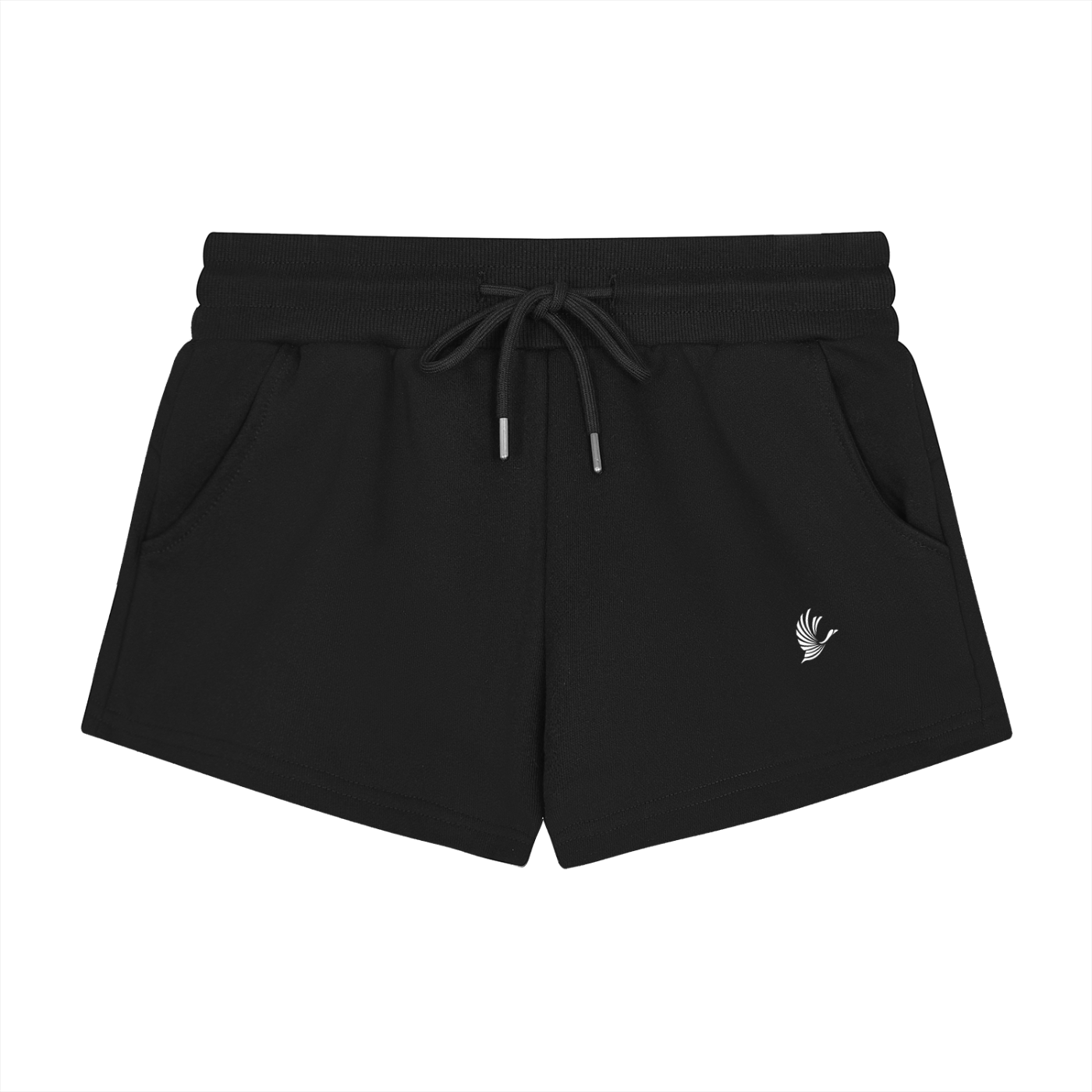 Black shorts with a brand logo on a white background