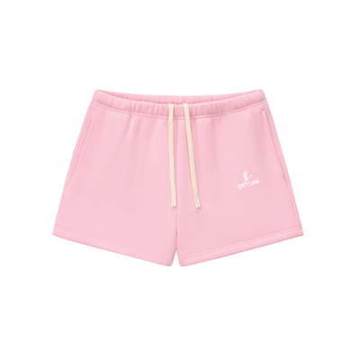 Pink shorts with a logo on a white background