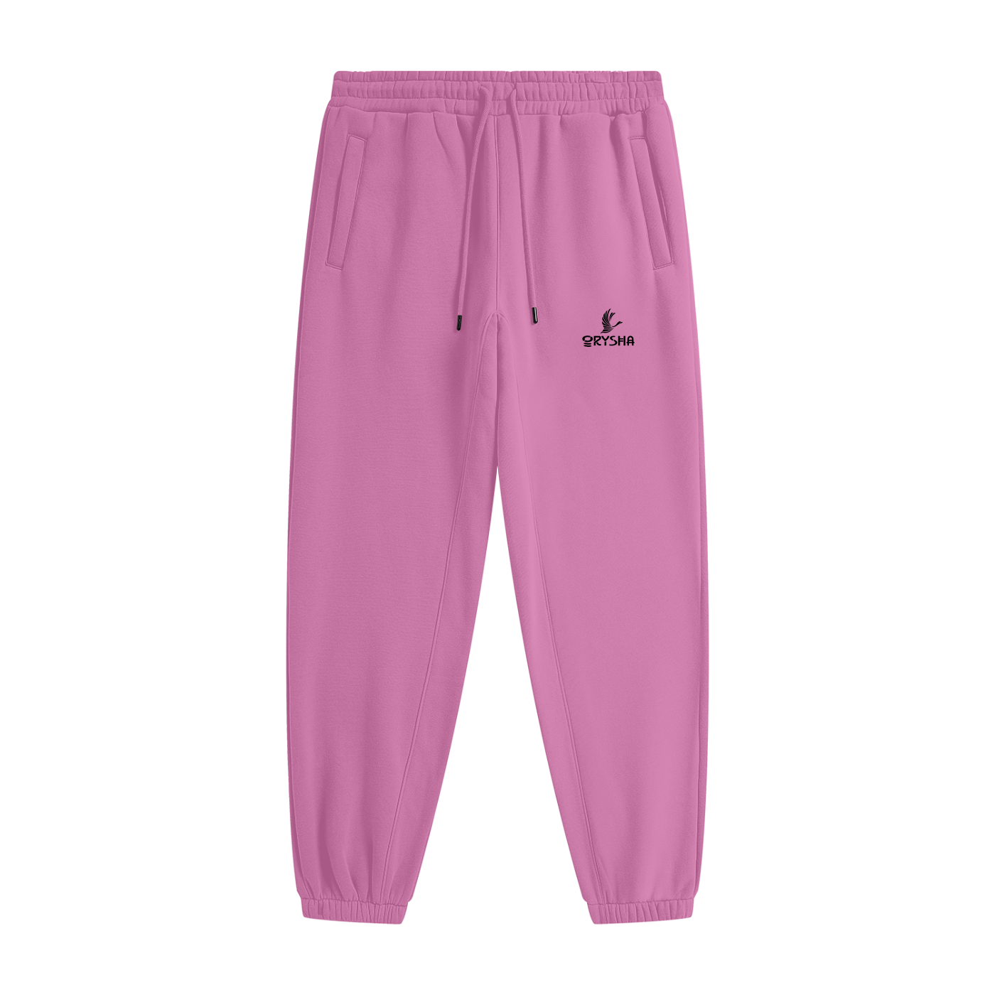 Pink jogger pants with a brand logo on a white background