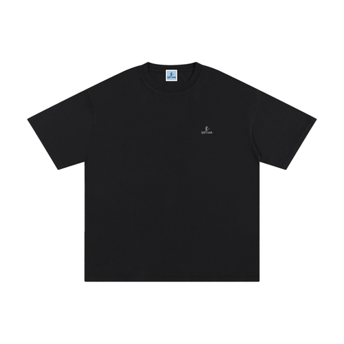 Black t-shirt with a small logo on a white background