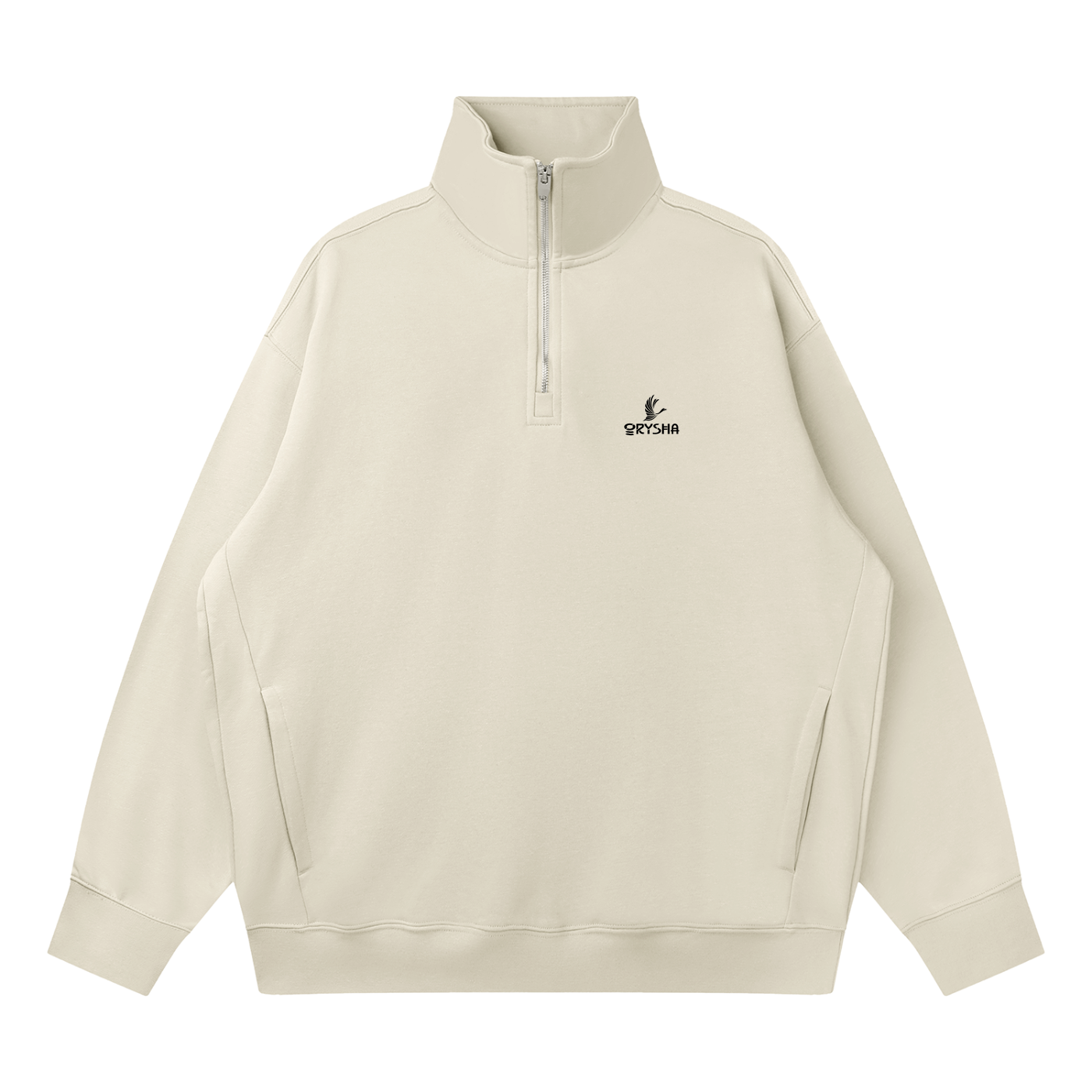 Beige half-zip sweatshirt with a brand logo on a white background