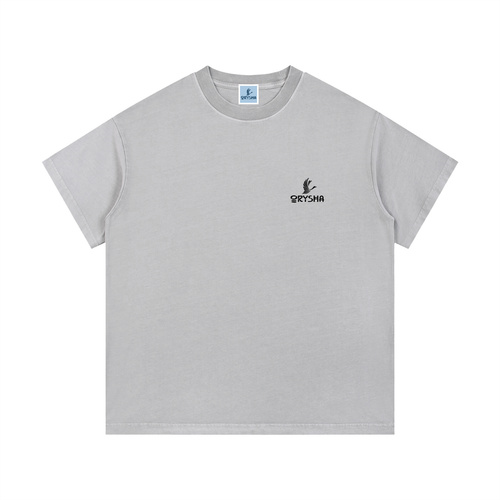 Gray t-shirt with a small logo on a white background
