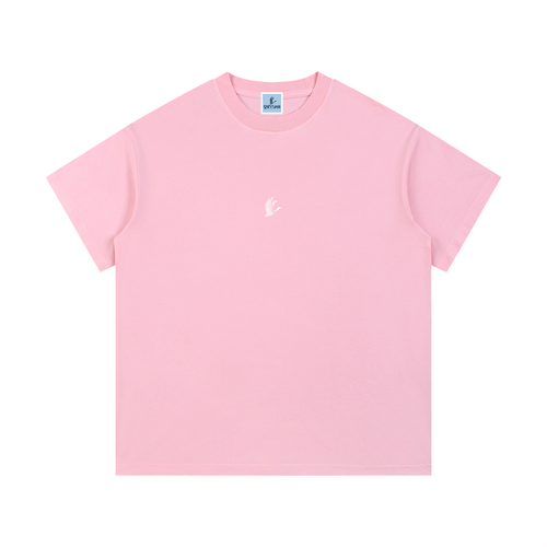 Pink t-shirt with a small white logo on a white background