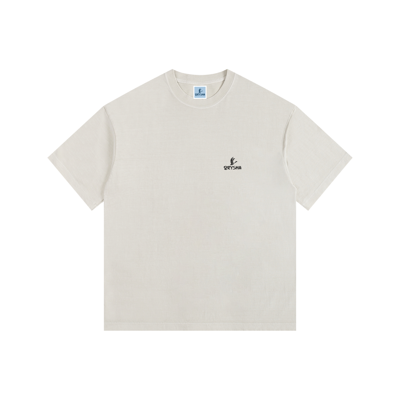 Beige t-shirt with a small logo on a white background