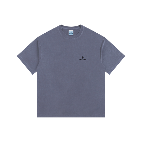 Gray t-shirt with a small logo on a white background