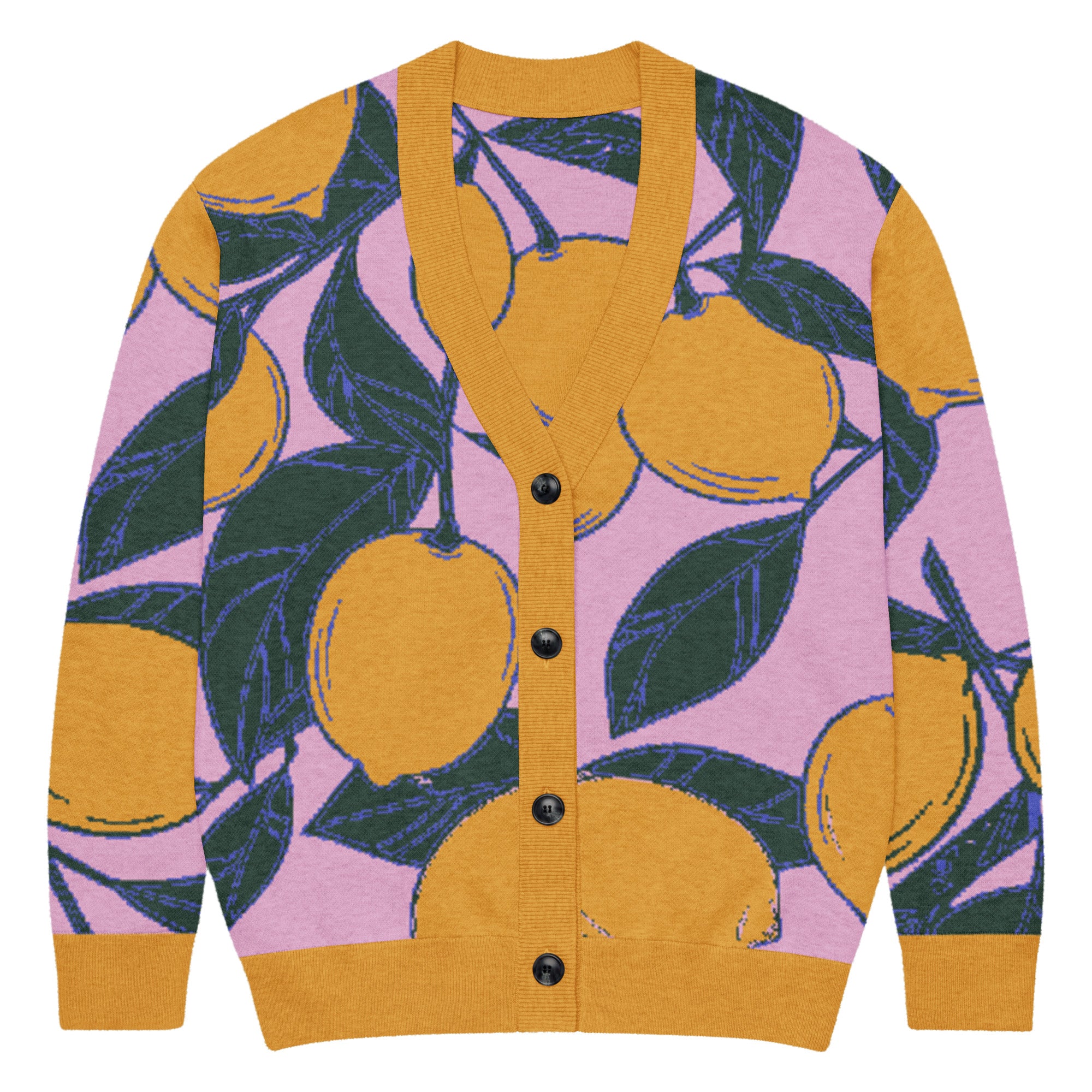 Lightweight knitted cardigan with golden citrus lemon pattern, pink background, and button front design