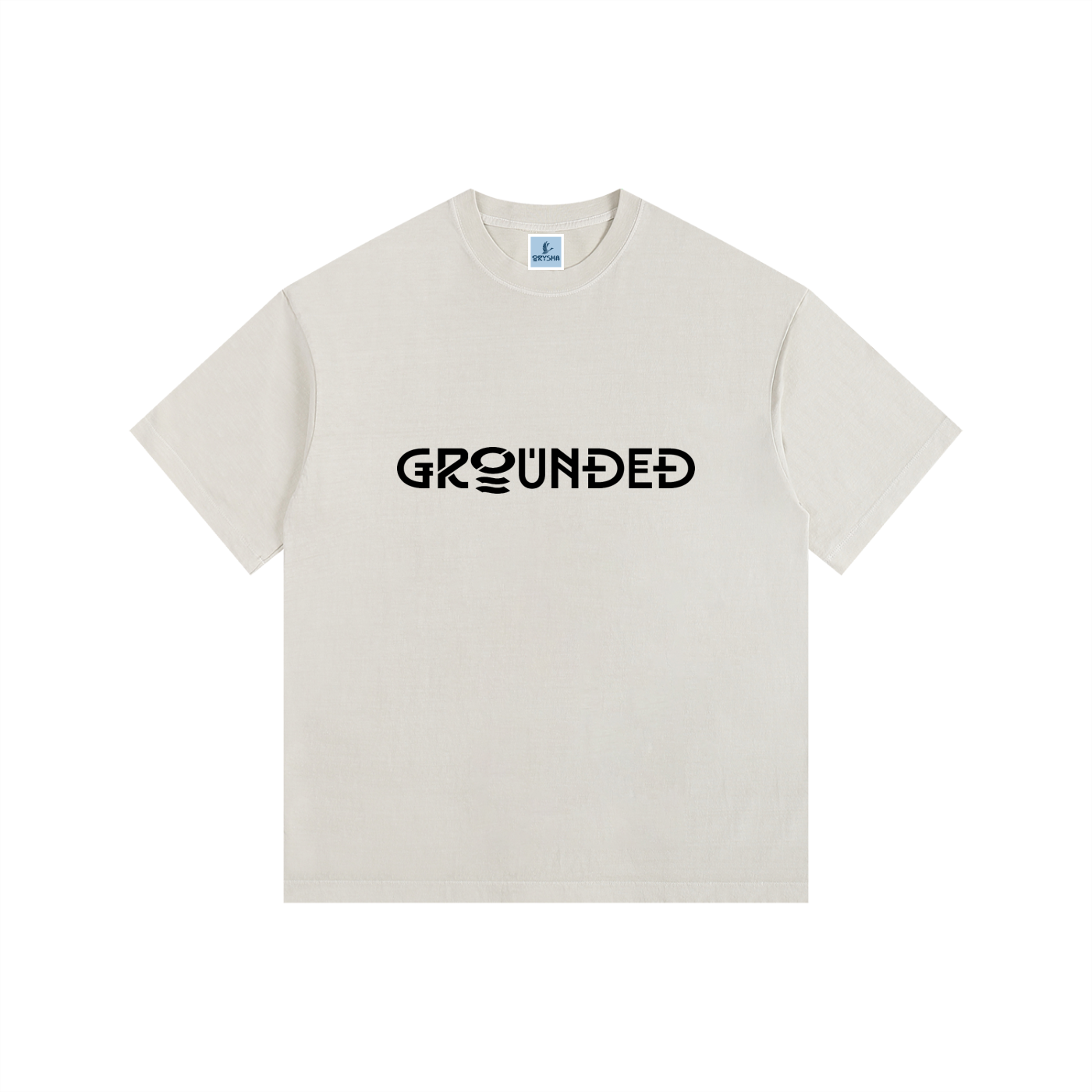 Beige t-shirt with 'GROUNDED' text on a white background