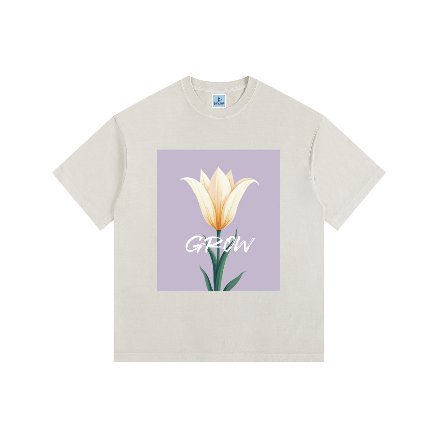 Beige t-shirt with a tulip graphic and 'GROW' text on a purple square background