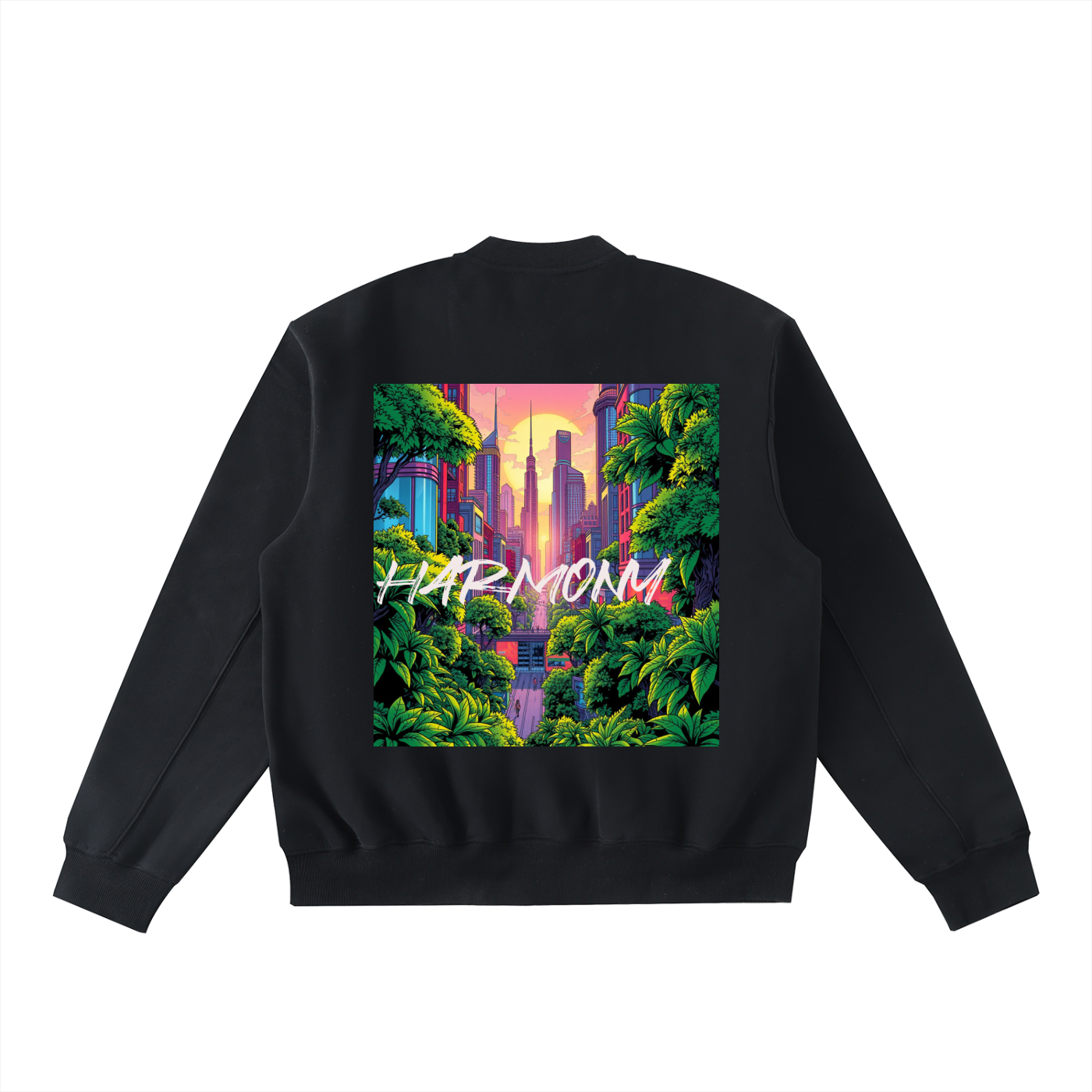 Black varsity jacket with a colorful graphic design on the back featuring the word 'Harmony'.