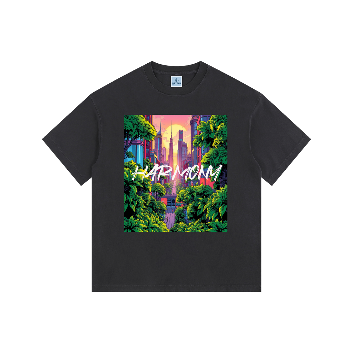 Black t-shirt with a colorful graphic design and 'HARMONY' text on a white background
