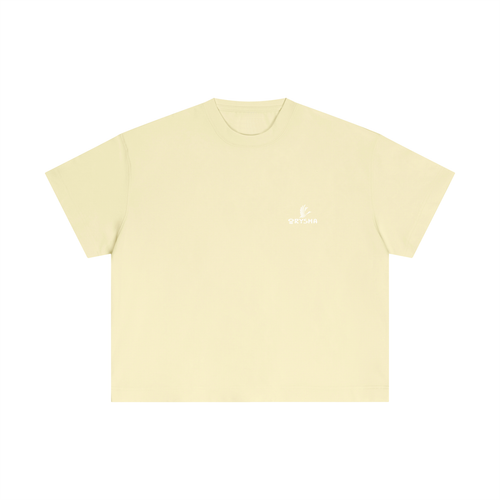 Beige t-shirt with text on a white background