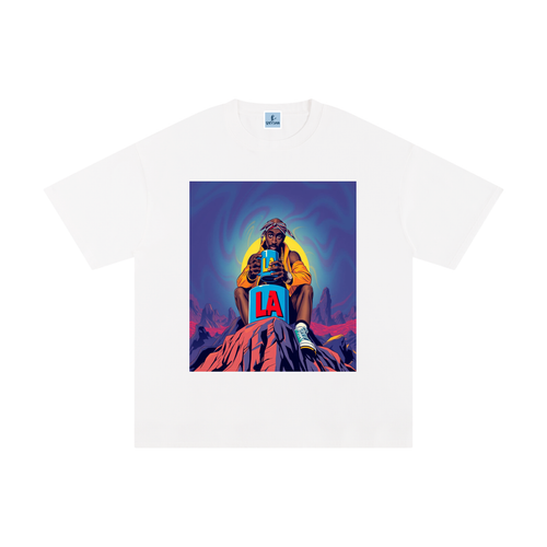 Women’s oversized black LA graphic t-shirt with colorful illustration design streetwear style