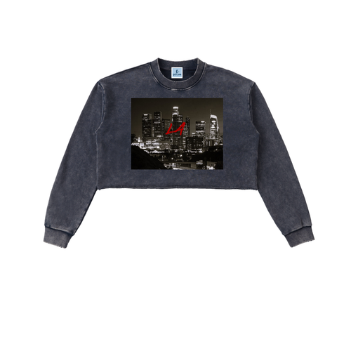 Snow washed cropped cotton sweatshirt with raw edge hem and vintage finish