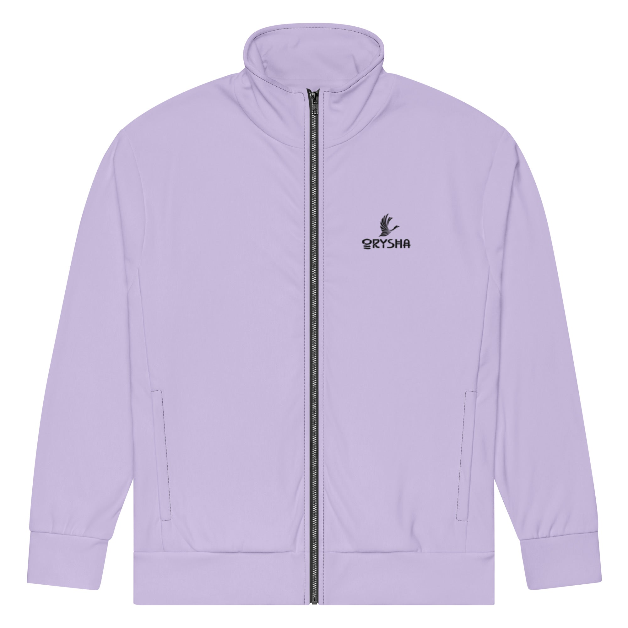 Orysha Women’s Lavender Track Jacket – light purple recycled zip-up jacket with high collar, black zipper, and fleece interior for everyday streetwear comfort.