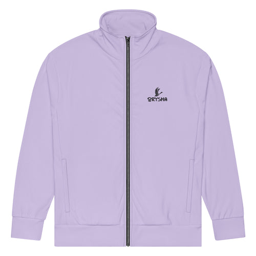 Orysha Women’s Lavender Track Jacket – light purple recycled zip-up jacket with high collar, black zipper, and fleece interior for everyday streetwear comfort.