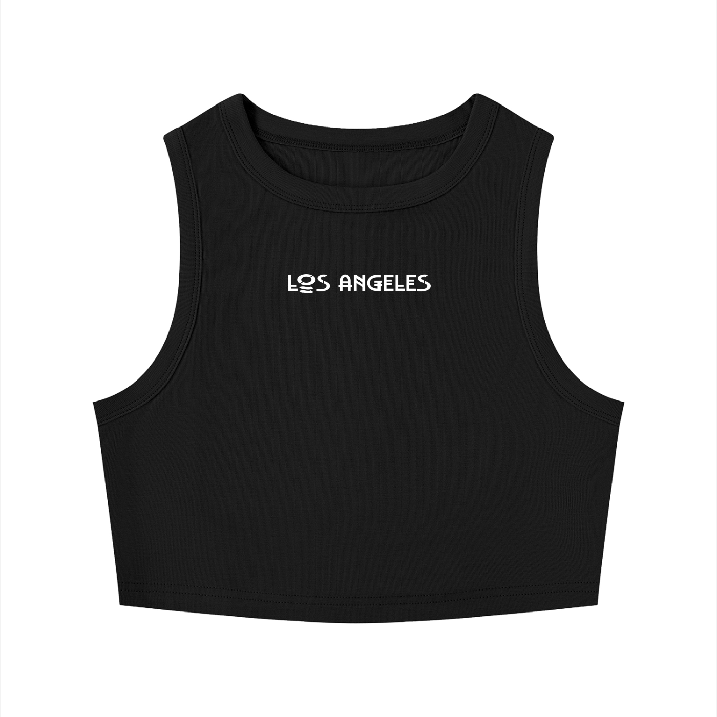 Black sleeveless top with a white logo on a white background