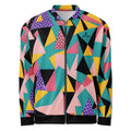 Women’s colorful geometric pattern bomber jacket with abstract shapes and full zip