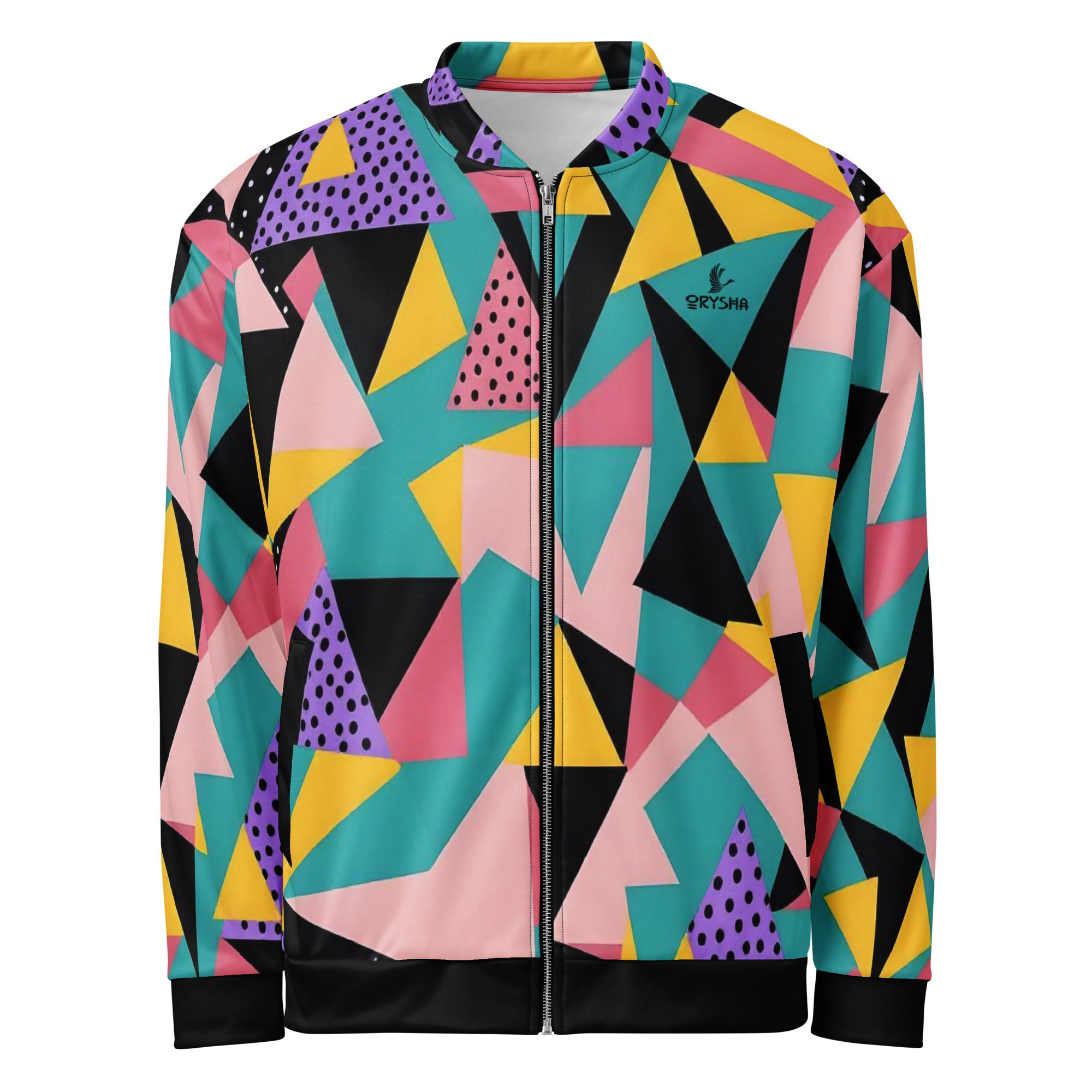 Women’s colorful geometric pattern bomber jacket with abstract shapes and full zip
