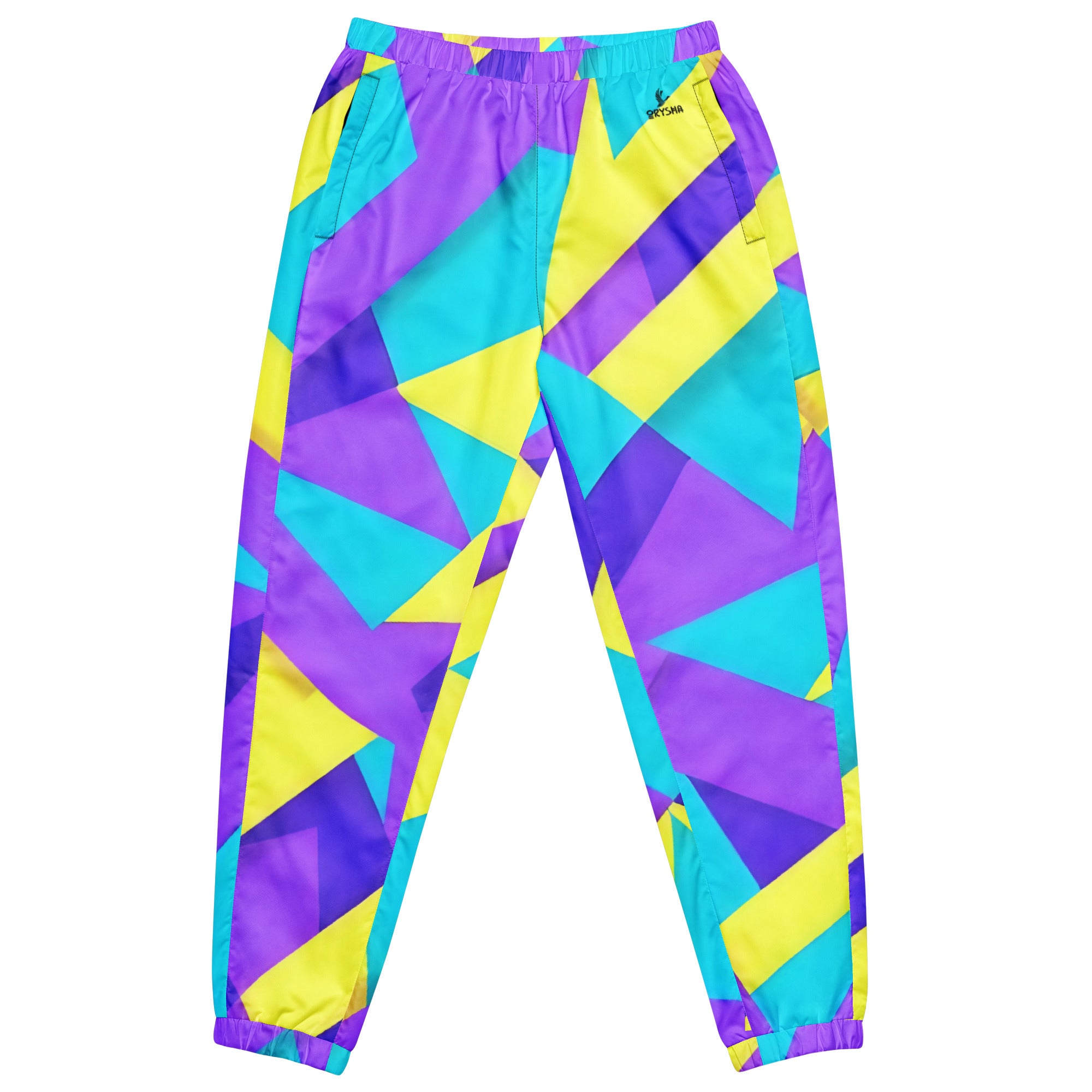 Women’s Neon Flux track pants with colorful geometric design and relaxed fit