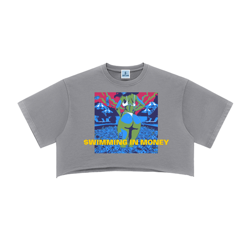 Gray crop top with colorful graphic and 'Swimming in Money' text on a white background